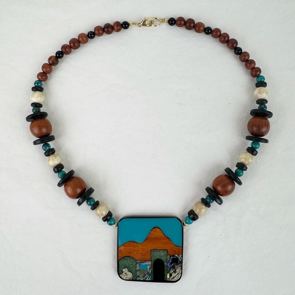 Vintage Adobe House Inlay Beaded Necklace - Picture 1 of 6